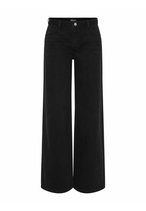 Pantalones de mezclilla negros de pierna ancha con cintura alta, que cuentan con un cierre frontal con botón, dos bolsillos laterales y un diseño clásico de cinco bolsillos.