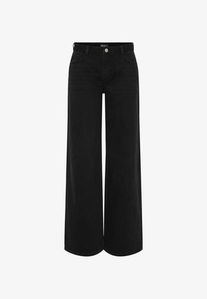 Juodos plačios džinsinės kelnės su aukštu liemeniu, su priekyje esančia mygtuko uždarymo sistema, dviem šoninėm kišenėm ir klasikiniu penkių kišenių dizainu.