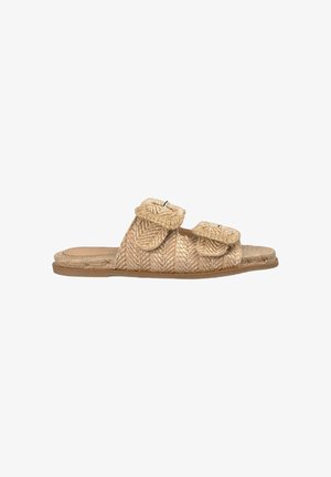 Geflochtene Strohhüttensandalen in Beige, ausgestattet mit zwei Stoffriemen und dekorativen Schleifen sowie einem strukturierten Fußbett. Flache, rutschfeste Sohle für hohen Komfort.