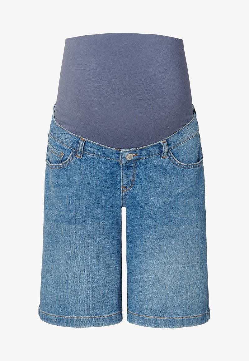 Short en jean de maternité avec un panneau de taille haute élastique gris pour le soutien du ventre, design classique à cinq poches et fermeture par bouton.