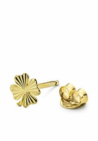 Goldene Ohrstecker mit einem Kleeblatt-Design und gerillter Textur. Enthält einen runden Verschluss. Eine polierte Oberfläche sorgt für Glanz.