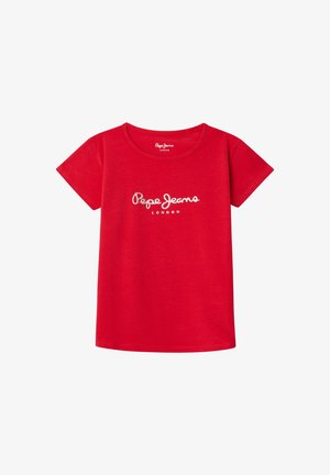 T-shirt rouge à manches courtes avec col rond, arborant le logo "Pepe Jeans London" imprimé en blanc sur la poitrine.