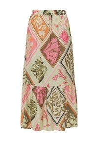 Blumenmuster-Midirock mit elastischem Bund, der ein Patchwork-Design in rosa, grün, braun und orange Tönen zeigt. Leichter Stoff.