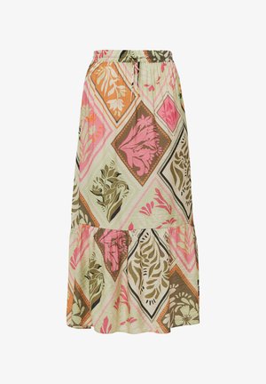 Spódnica midi w kwiatowy wzór z elastycznym pasem, z patchworkowym wzorem w odcieniach różu, zieleni, brązu i pomarańczu. Lekka tkanina.