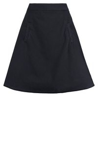 Jupe noire en forme de A fabriquée en tissu léger, présentant une texture lisse, des poches latérales et un ourlet au genou avec des bords cousus à la machine.