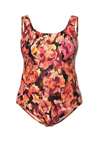 Maillot de bain une pièce avec un motif floral dans des nuances de rose, d'orange et de noir. Fabriqué en tissu texturé avec un décolleté en scoop et des bretelles larges.