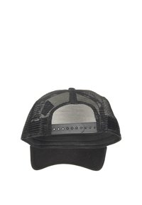 Black trucker cap featuring a solid front panel, mesh back, curved visor, and adjustable snap closure at the rear.