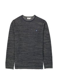 Crewneck-Pullover aus dunkelblauem und grauem Strick. Mit einem strukturierten Muster, gerippten Bündchen und einem kleinen Logo-Patch auf der Brust.