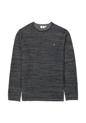 Crewneck sweater in dark navy and gray knit. Features a textured pattern, ribbed cuffs, and a small logo patch on the chest.