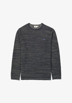 Crewneck-Pullover aus dunkelblauem und grauem Strick. Mit einem strukturierten Muster, gerippten Bündchen und einem kleinen Logo-Patch auf der Brust.