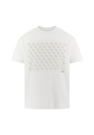T-shirt bianco in cotone con un motivo a rombi e loghi verde chiaro, scollo rotondo e maniche corte. Logo "GUESS" nell'angolo inferiore.