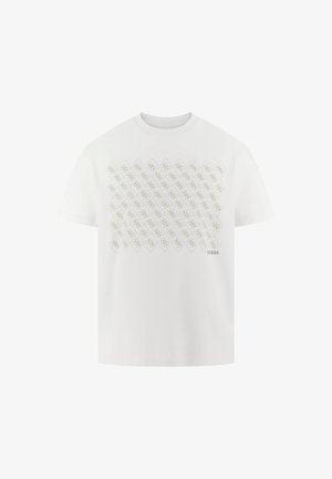 Fehér pamut póló, világos zöld logókkal ellátott gyémántmintával, kerek nyakkivágással és rövid ujjakkal. "GUESS" logó az alsó sarokban.