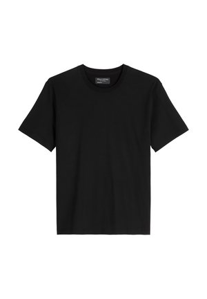 Black short-sleeve T-shirt made of soft cotton, featuring a crew neck and an unadorned design with no patterns or logos.