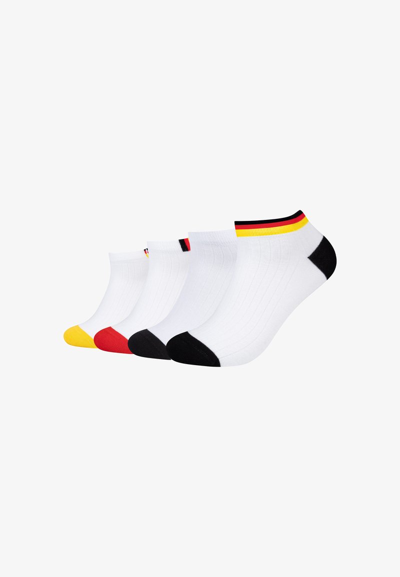 Ensemble de cinq chaussettes blanches pour chevilles avec des orteils noirs, rouges ou jaunes et des bandes aux couleurs du drapeau allemand sur les bords, disposées côte à côte.