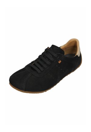 Black suede lace-up sneaker with tan interior lining and rubber sole, minimalist design, low profile, suitable for casual wear.