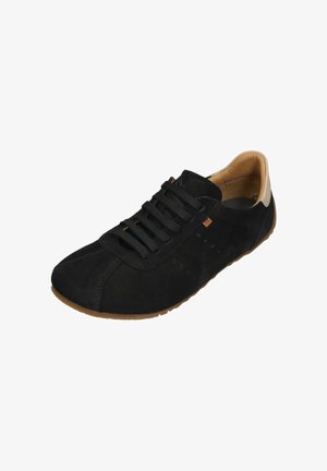 Black suede lace-up sneaker with tan interior lining and rubber sole, minimalist design, low profile, suitable for casual wear.