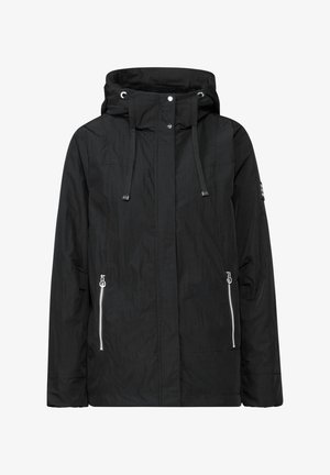 Schwarze wasserdichte Jacke mit einer Kapuze mit Kordelzug, zwei seitlichen Reißverschlusstaschen und einem strukturierten Stofffinish. Mit einem Reißverschluss vorne.