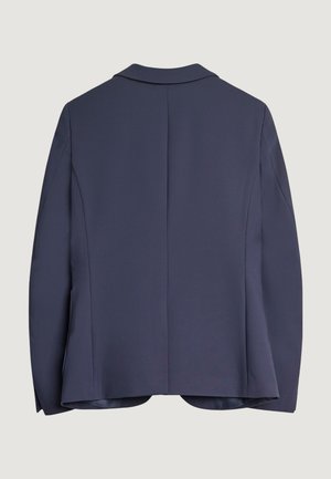 Blazer entallado azul marino con mangas largas y abertura trasera, mostrado desde atrás sobre un fondo claro liso.