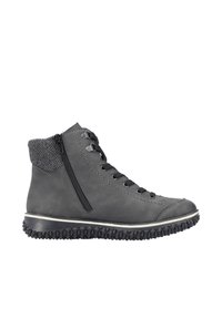 Bottes basses en cuir gris avec un col élastique noir texturé, une fermeture éclair latérale et une semelle en caoutchouc avec un motif de bande de roulement.
