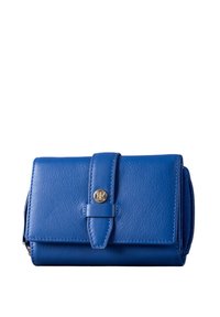 Blue leather wallet with a structured design, featuring a front flap, gold-tone hardware, and a zippered compartment on the side.