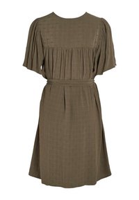 Robe vert khaki avec de courtes manches bouffantes, des détails froncés sur le buste, une taille cintrée et une jupe évasée. Tissu texturé.