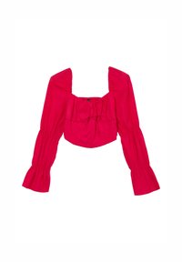 Top corto di un vivace colore rosa, con scollatura quadrata, maniche lunghe a sbuffo con dettagli arricciati e un accento di fiocco centrale. Texture liscia.