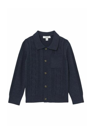 Cardigan in maglia blu navy con scollo a collo, chiusura con bottoni e motivi a rilievo sulla parte anteriore. Include una tasca sul petto.