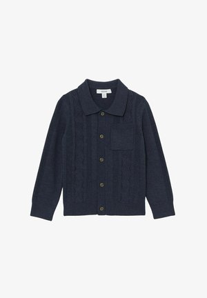 Cardigan in maglia blu navy con scollo a collo, chiusura con bottoni e motivi a rilievo sulla parte anteriore. Include una tasca sul petto.