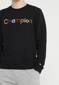 Černá mikina s barevně vyšitým logem "Champion". M á kulatý výstřih, dlouhé rukávy a žebrované manžety a lem.