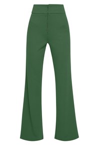 Gröna utsvängda byxor med hög midja, dragkedjestängning, tillverkade av ett glatt tyg. Har en lös passform genom benen.