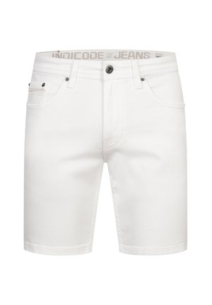Biele denim šortky so strihom do rovna, s prednými vreckami, kovovým zapínaním a pásom s potlačou loga.