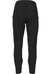 Svarta träningsbyxor med elastisk midja, smalnande ben och slät textur. Inga synliga fickor eller mönster på baksidan.