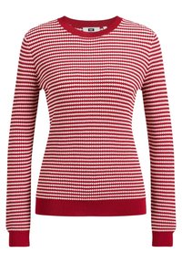 Pull en maille à motifs rouges et blancs avec manches longues, col rond, poignets et ourlet côtelés, présentant un design géométrique sur toute sa surface.