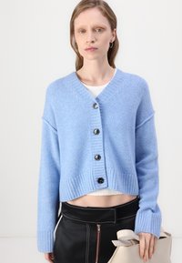 Light blue cropped cardigan in soft knit fabric, featuring a V-neck, five black buttons, and ribbed cuffs and hem.