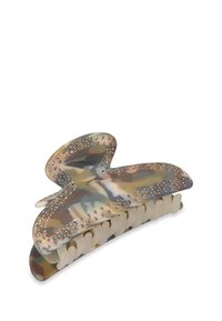 Schildpadpatroon haarspeld met een glanzende afwerking, voorzien van een decoratieve rij van rhinestones langs de bovenrand en lichtgekleurde grip-tanden.