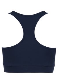 Sujetador deportivo azul marino con diseño de espalda tipo nadador, fabricado en tejido elástico y suave. Cuenta con una banda ancha en la parte inferior para mayor soporte.