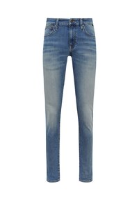 Blue denim jeans with a slim fit, subtle fading, five-pocket design, and metal button closure. The texture is smooth with visible stitching.
