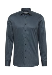 Lange mouwen blouse in een donkerblauwe stof, met een subtiel patroon van kleine, contrasterende stippen en zwarte knopen langs de voorkant.