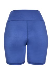 Shorts atletici blu a vita alta realizzati in tessuto liscio e elasticizzato, caratterizzati da un design senza cuciture e una vestibilità aderente, ideali per l'abbigliamento sportivo.