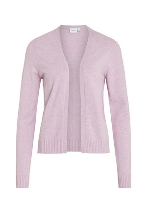Lys rosa cardigan laget av mykt stoff, med åpen front, lange ermer, ribbestrikkede mansjetter og falm. Ingen lukkinger eller mønstre.
