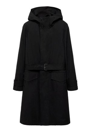 Black, knee-length coat with a hood, belted waist, and two front pockets. Made from a smooth, durable fabric. Features button closure.
