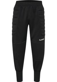 Zwarte joggingsbroek met gevoerde zijpanelen, elastische tailleband en ribgebreide boorden. Bevat een klein logo op het linkeronderbeen. Polyestermateriaal.