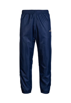 Navy blue athletic pants made of lightweight material, featuring an elastic waistband and tapered ankles, with a logo on the thigh.