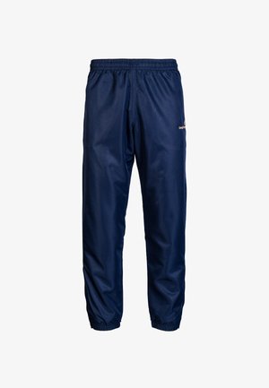 Navy blue athletic pants made of lightweight material, featuring an elastic waistband and tapered ankles, with a logo on the thigh.
