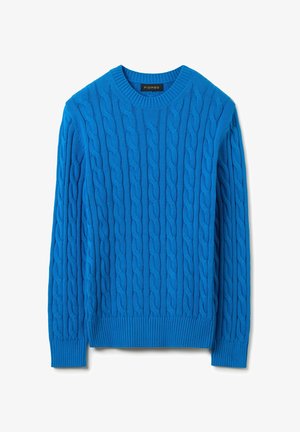 Maglione blu lavorato a maglia con motivo a treccia, scollatura rotonda e polsini e orlo a coste. Realizzato in un materiale morbido e testurizzato.