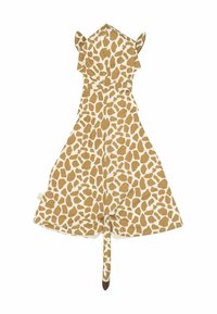 Ubiór w wzór żyrafy w odcieniach beżu i brązu, z kapturem z uszami, ogonem i miękką fakturą. Zaprojektowany z myślą o komforcie i ciepłocie.