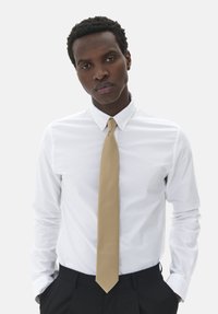 Vit skjorta med lång ärm, i kombination med ett enfärgat beige slips. Modellen har på sig mörka byxor och står mot en neutral bakgrund.