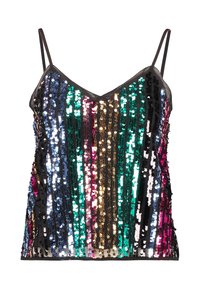 Mörk sequin-top med vertikala ränder av flerfärgade paljetter, med justerbara spaghettiband och en V-urringning.
