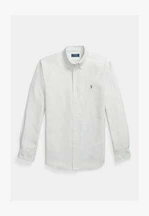 Bledo zelena in bela srajca s črtami, izdelana iz bombaža, s klasičnim ovratnikom in majhno vezeno oznako na prsih.