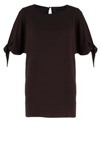 Brown blouse made from smooth fabric, featuring a round neckline, loose short sleeves with tie details, and a keyhole opening at the back.